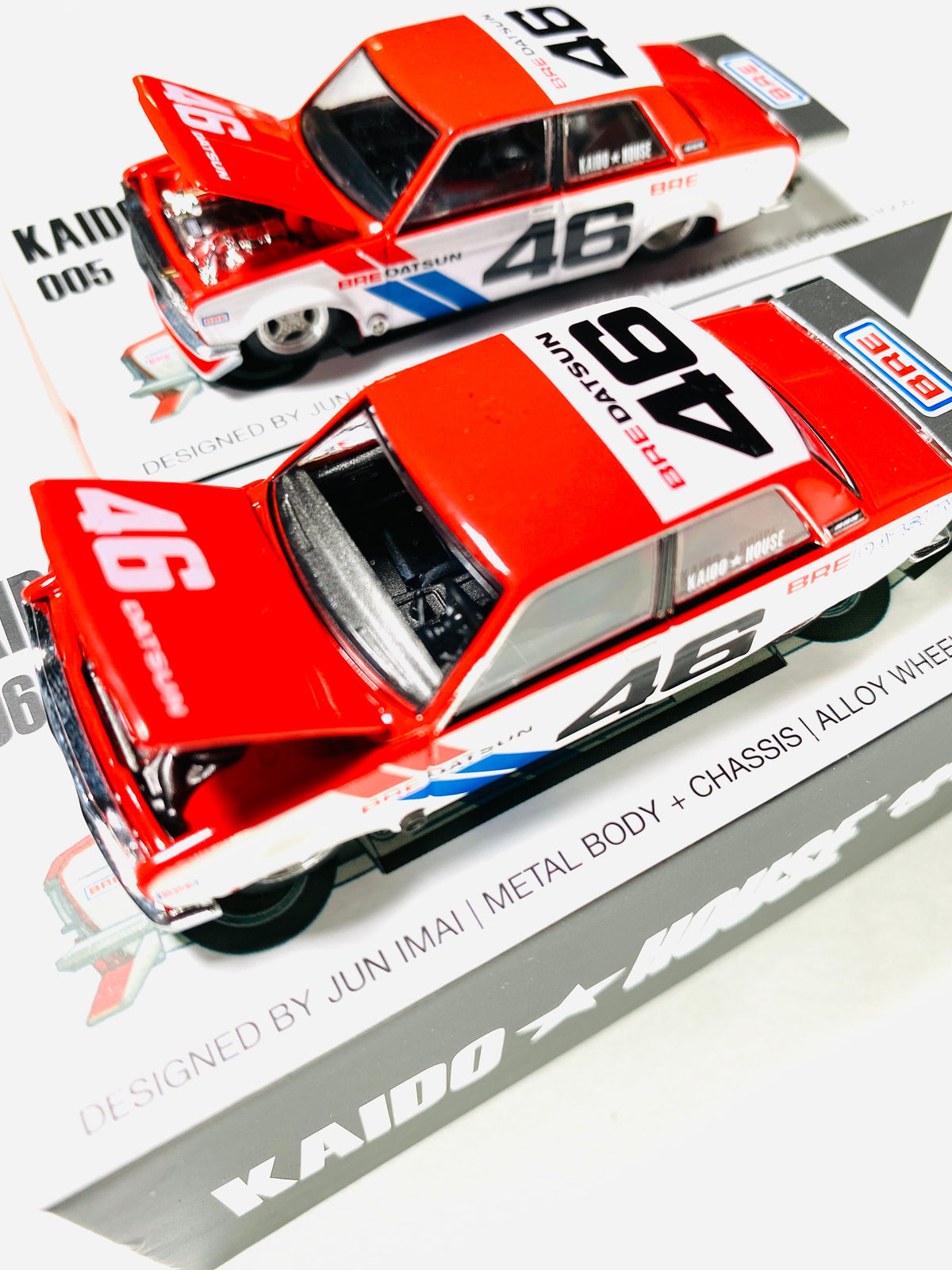 MINI GT KAIDO HOUSE & MINI GT COLLAB BRE DATSUN 510 PRO STREET WHITE MATTE  & GLOSS LIMITED EDITION PAIR #005 & #006 (2 Cars)